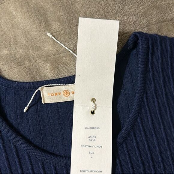 Tory Burch L LIAM Navy Knit Fit-and-Flare Textured Sleeves Dress - Picture 14 of 15